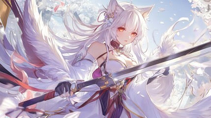 Stunning Anime Girl with Sword and Wings: A Breathtaking Digital Illustration