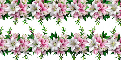 Composition of white and pink lilies with green leaves without background. The flowers are arranged in two horizontal rows, creating a beautiful pattern.