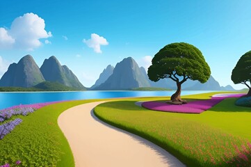 Fototapeta premium Beautiful and Peaceful Nature Scenery Illustration Landscape Countryside Tranquil Vibrant and Colorful
