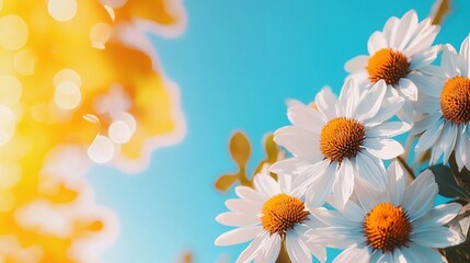 Fototapeta premium Bright Summer Daisies Against a Vivid Blue Sky with Golden Bokeh