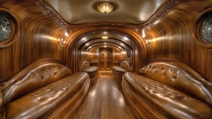 A luxury home wine room with leather seating and polished wood finishes.
