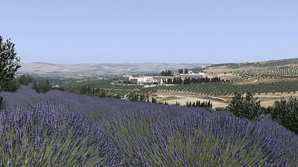 Fototapeta premium Lavender Fields and Distant Mediterranean Village Scenic View