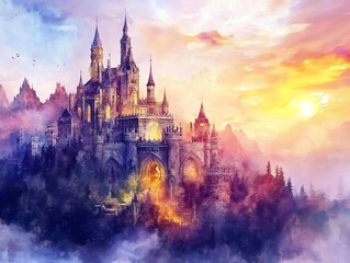 Enchanted castle on a hill, surrounded by vibrant trees and a magical staircase.  Dreamlike, fantasy art painting.