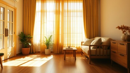 Fototapeta premium Sunlit Living Room with Warm Decor and Wooden Furniture