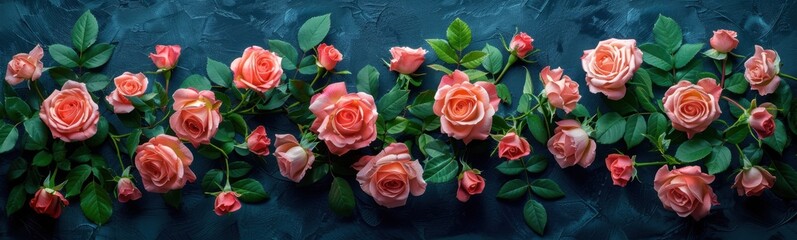 Many pink roses that are on a blue surface, plant background, banner