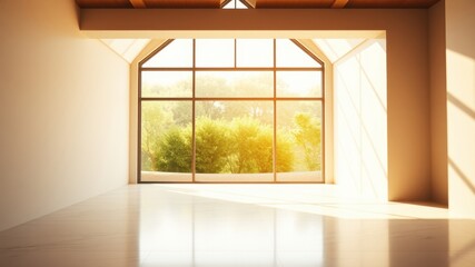 Fototapeta premium Sunlit Modern Room with Expansive Window and Lush Greenery View