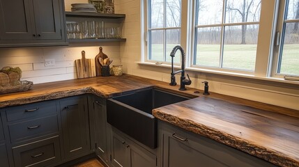 A matte black faucet in a rustic kitchen featuring wooden countertops.
