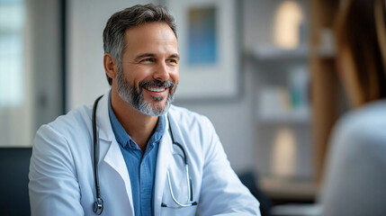 Obraz premium A middle-aged man dressed in a white medical coat is sitting and smiling, looking away, possibly communicating with a patient.