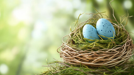 Obraz premium Two light blue eggs with dark flecks, lying in a nest made of thin twigs and lined with green moss or grass.