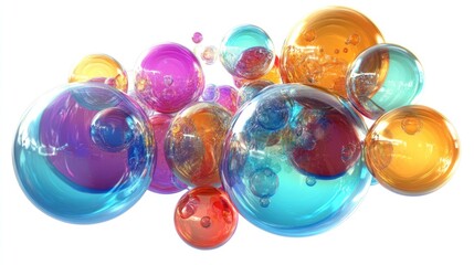 Fototapeta premium Colorful translucent bubbles floating in a cluster against a white background.