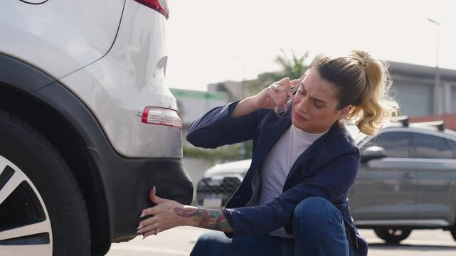 Call phone near crash incident. A view of worryed transwoman call for help by the smashed car in the street. A concept of car accident
