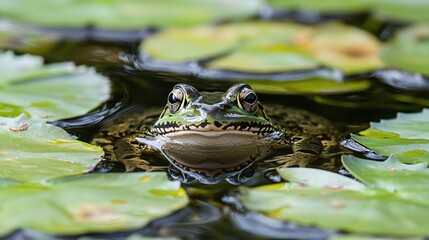 Green Frog in a Pond Among Lily Pads Peaceful Nature Scene