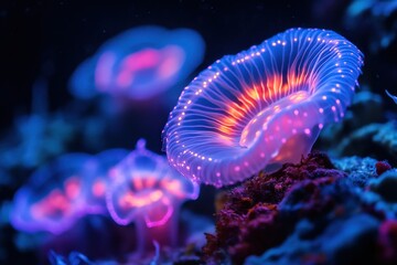 Obraz premium Vibrant jellyfish glow under water in a colorful aquatic environment