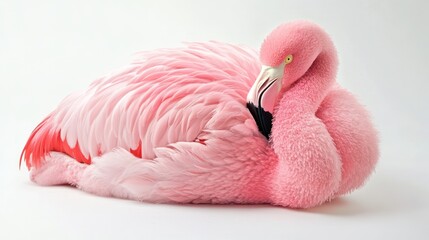 Pink flamingo resting, studio shot, white background