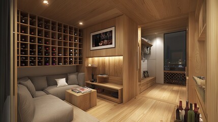 A modern studio apartment with multi-functional furniture and a wine shelf.