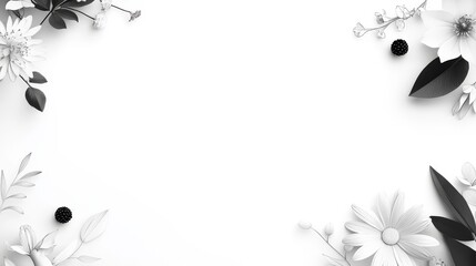 Fototapeta premium Elegant Black and White Floral Frame with Space for Text, Featuring Delicate Blooms, Leaves, and Berries on a Soft White Background for Minimalist Design Projects