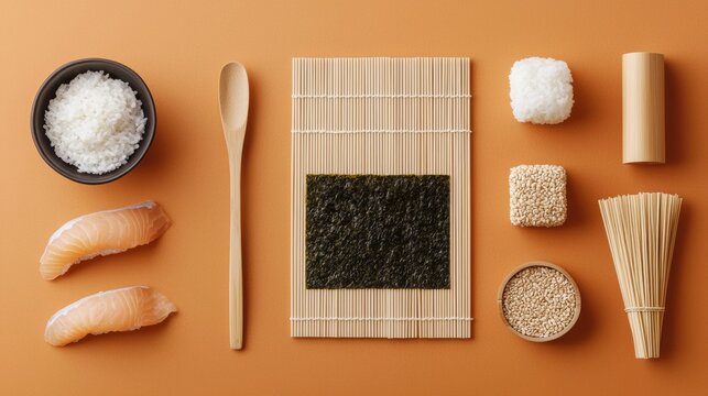 Sushi preparation ingredients on a vibrant orange background