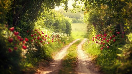 Obraz premium Romantic Countryside Path Summer Love Hearts Flowers Green Nature