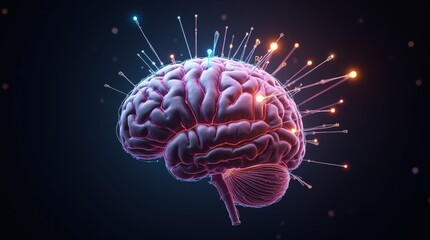 Realistic Neural Brain Pathways Image, Bright Vibrant Synaptic Connections Surrounding Human Brain in Dark Background