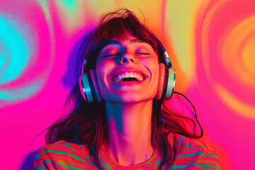 Happy woman listening to music with headphones in vibrant monochrome, colorblocking setting, exuding joy and energy.