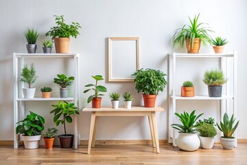 Bright Interior Design: White Shelf with Potted Plants & Wooden Table
