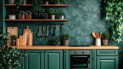 A vibrant kitchen with green cabinets, a wooden counter, and indoor plants.