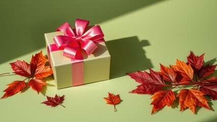 A pale yellow gift box with a vibrant pink ribbon, surrounded by autumn leaves on a light green background