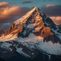 A stunning mountain landscape during sunset. The scene showcases towering, rugged mountains with jagged peaks, partially covered in snow.

