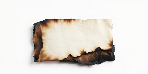 A charred and crumpled sheet of paper with a blank center, isolated on a white background
