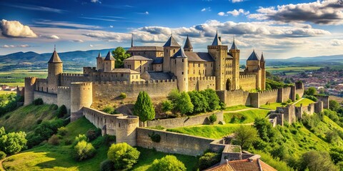Fototapeta premium Carcassonne Fortress: Majestic Medieval Walls, France - Picturesque European Landmark