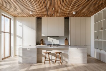 Modern minimalist kitchen, wood slat ceiling, white subway tile backsplash, light wood island, white cabinets, stainless steel appliances, large glass doors, natural light, clean lines, neutral color 