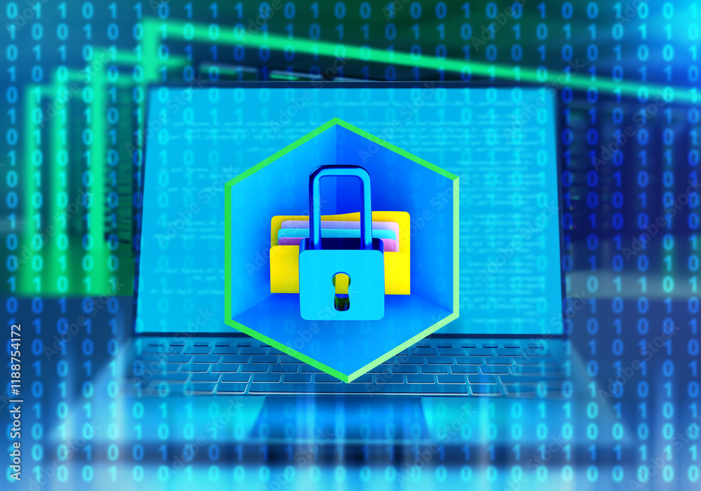 Poster cybersecurity and online protection. lock to prevent hacker attack. binary code near hack-proof lapt