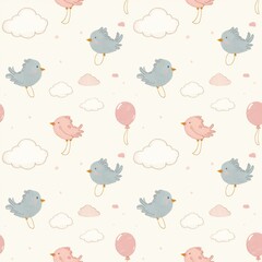 Cute baby pattern, pastel background, blue and pink balloons, fluffy white clouds, cartoon birds, soft color palette, nursery decor, seamless repeat pattern, whimsical design, gentle textures, childis