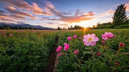 Fototapeta premium Pink Rose Field Sunset Majestic Mountain Landscape