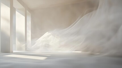 Serene Minimalist Interior: White Fabric Drapes in Sunlit Room