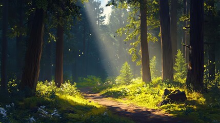 Fototapeta premium Enchanted Forest Pathway Sunlight Radiates Through Trees