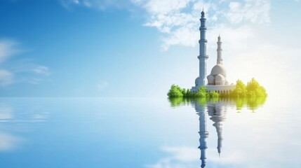 Obraz premium A mosque with its reflection on calm water during Ramadan symbolizing peaceful reflection and spiritual connection