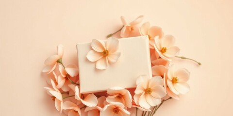 A delicate pastel-colored gift box nestled amongst a cluster of soft peach blossoms on a pale background