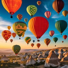 Colorful hot air balloons soar over a stunning landscape at sunrise.