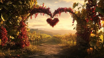 Romantic Vineyard Sunset Heart Shaped Grapevine Archway