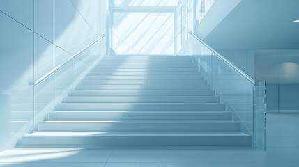 Obraz premium Modern white staircase with glass railings, sunlight streaming through window.