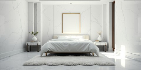 Serene Minimalist Bedroom Interior Design with a Plush Rug and Gold Frame