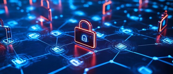 A Futuristic digital security network with glowing padlocks and connections