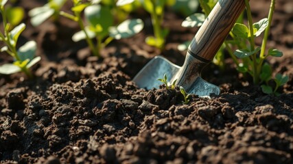 Cultivating New Life A Close-Up of a Hand Trowel Gently Tending Delicate Seedlings in Rich, Dark Soil