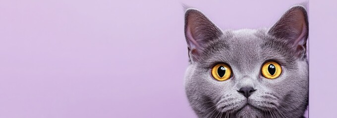 A British Shorthair cat peeking out from the bottom of an empty purple background, with yellow eyes and gray fur
