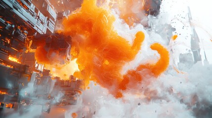 Abstract Orange Explosion in a Futuristic Cityscape