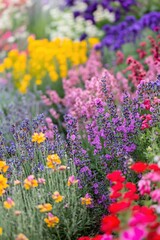 Fototapeta premium Vibrant Spring Flower Garden Blooming Colorful Lavender Purple Pink Yellow Blossoms