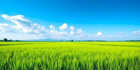 Obraz premium Vibrant green wheat field under bright blue sky with fluffy clouds. Summer rural landscape. Agricultural scenery with lush crops. Nature beauty for wallpaper, background, or farming concept