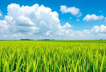 Obraz premium Lush green rice field under bright blue sky with fluffy white clouds. Vibrant agricultural landscape. Summer countryside scene. Nature and farming concept.