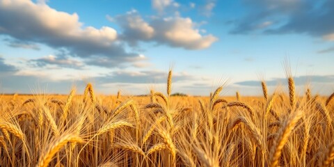 Golden wheat field under blue sky with fluffy clouds. Ripe cereal crop ready for harvest. Rural landscape at sunset. Agriculture, farming, nature concept. Autumn scenery with copy space